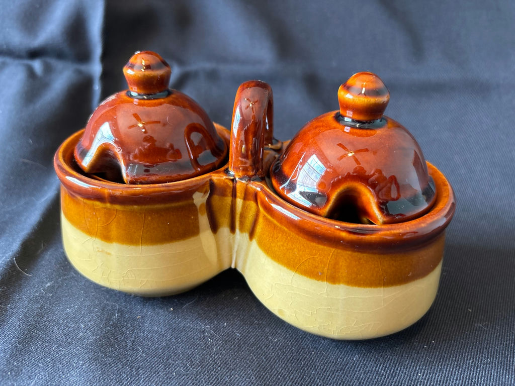 Vintage double condiment crock set (broken handle), Ellis Prod Pottery hand-painted ceramic pitcher and jar - image 2 of 5