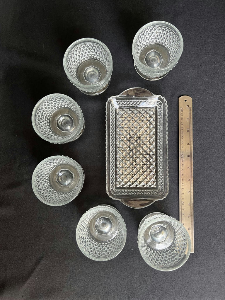 Vintage Diamond-pattern pressed glass cocktail set and glass butter dish - image 7 of 16