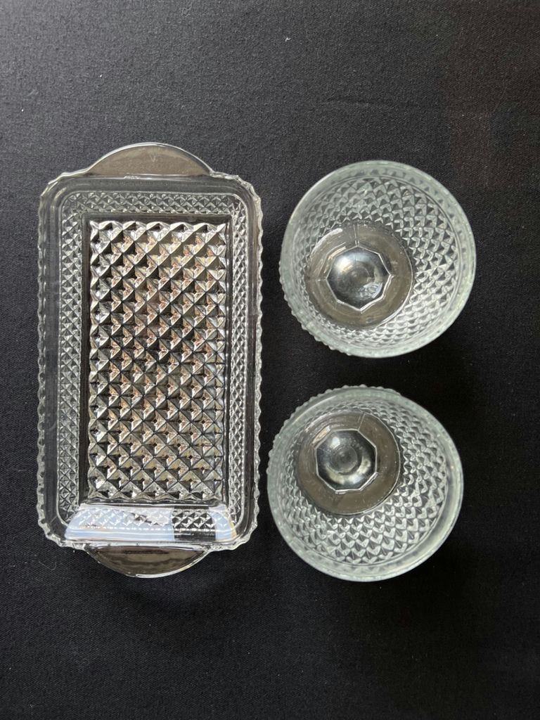 Vintage Diamond-pattern pressed glass cocktail set and glass butter dish - image 9 of 16