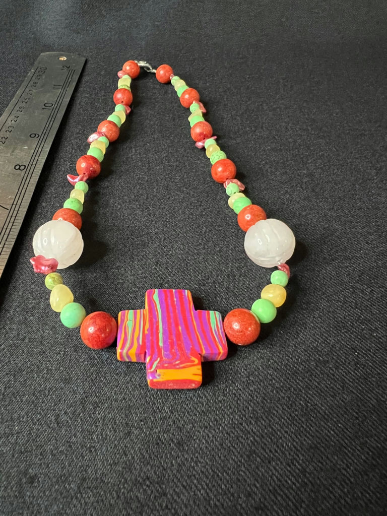 Beaded jewelry collection: leaf pendant, turquoise colored necklaces, cross pendant necklace, and bracelet - image 11 of 15