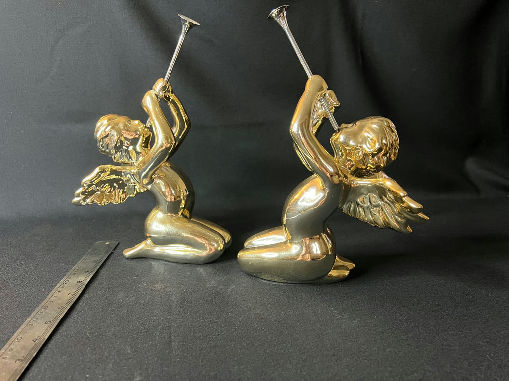Vintage Department 56 gold-painted porelain cherubs, ceramic angel figurine, skark's tooth necklace - image 2 of 13