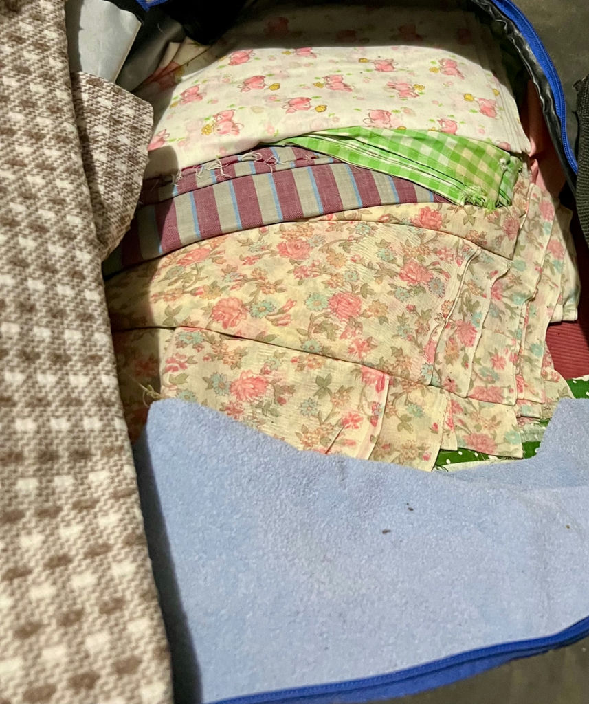 Assorted vintage fabric pieces and textiles: solid, houndstooth, plaid, polka dots, florals, crushed velvet, terry - image 9 of 14