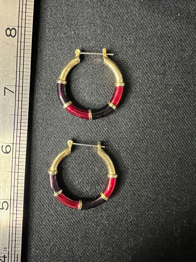 Three pairs of earrings: red enamel studs, color‑enamel hoops, and gold-tone pearl studs - image 8 of 9