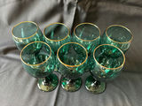 Vintage Green goblets with gold rims and clear champagne flutes - thumbnail 1 of 6
