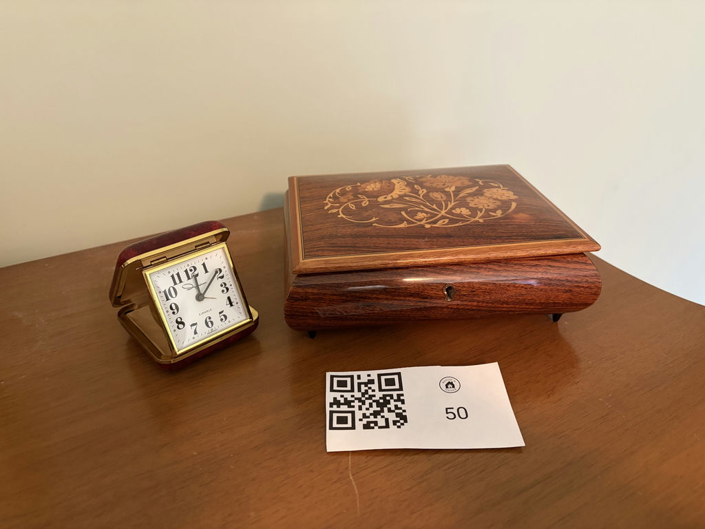 Sorrento Inlaid Wood Musical Jewelry Box & Ingraham Tavel Clock - image 1 of 14