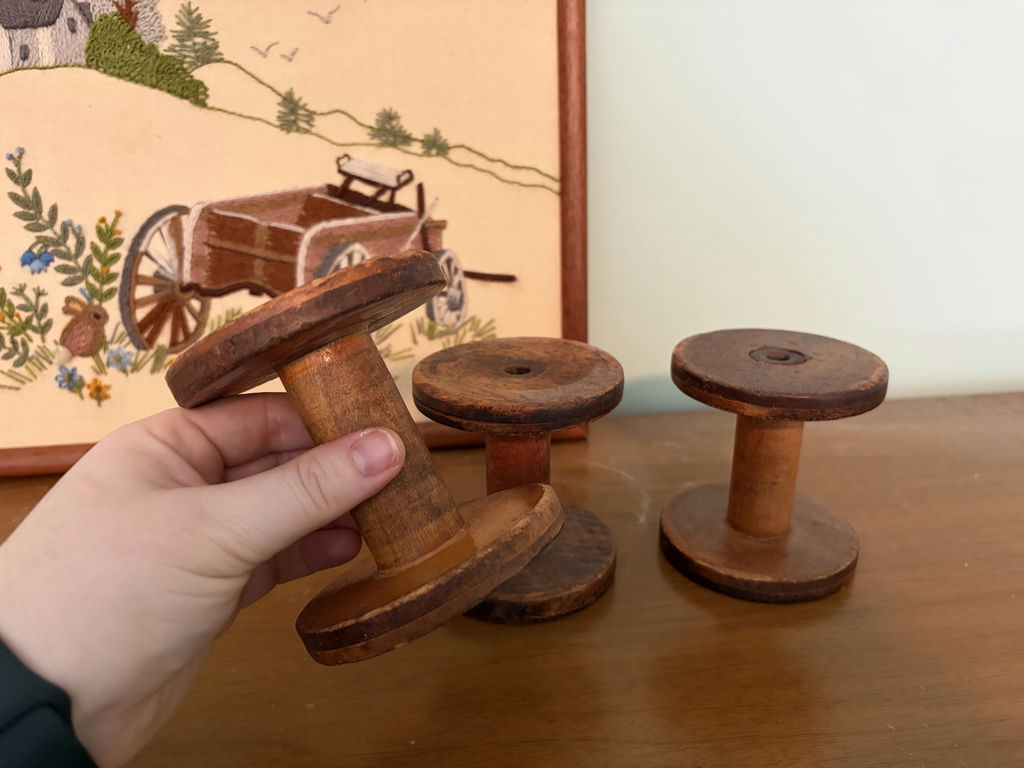 Vintage Wooden Spools & Embroidered Wall Art - image 3 of 13
