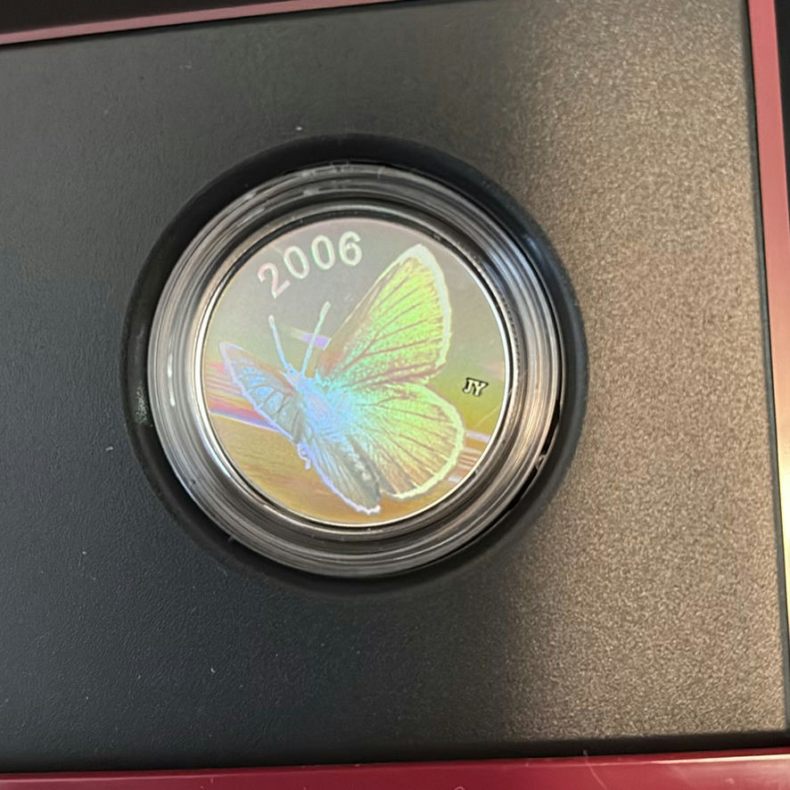 RCM Coins; 2006 Silvery Blue Butterfly and 1996 McIntosh Apple Proof Silver Dollar - image 2 of 10