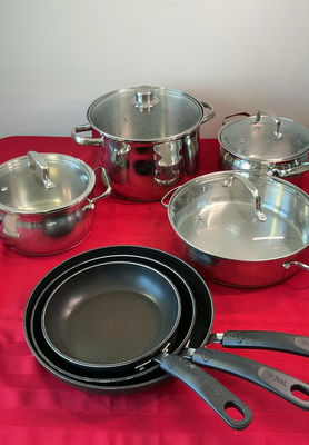 Cookware set: stainless steel pots with glass lids and nonstick frying pans - Image 1 of 8