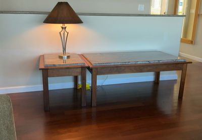 Two Dark Oak Tables With Granite tops, Lamp - Image 1 of 6