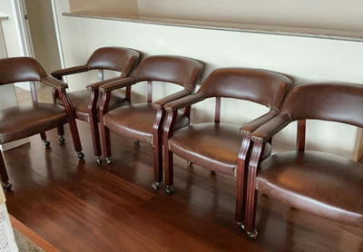 Set of 5 brown 'leather' dining chairs with wood frames - Image 1 of 8