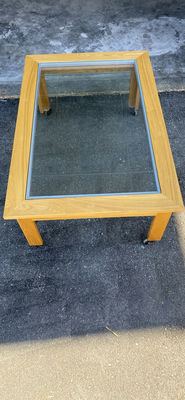 Oak and Glass Table With Wheels - Image 1 of 7