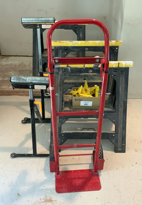 Red hand truck, roller stands and sawhorses - Image 1 of 7