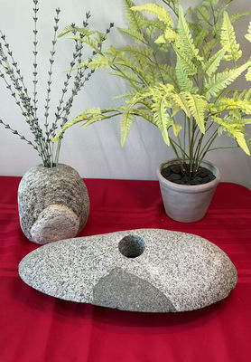 Decorative stone sculptures with potted plant and pedestal - Image 1 of 5