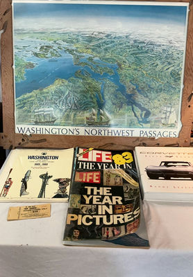 Northwest Passages map poster with vintage Life magazines and Corvette book - Image 1 of 8