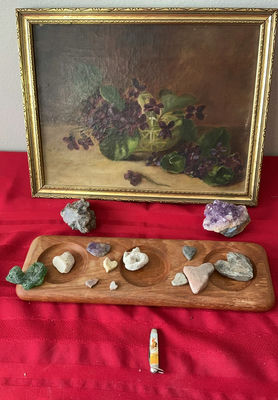 Framed floral still-life with mineral specimens and knife - Image 1 of 6