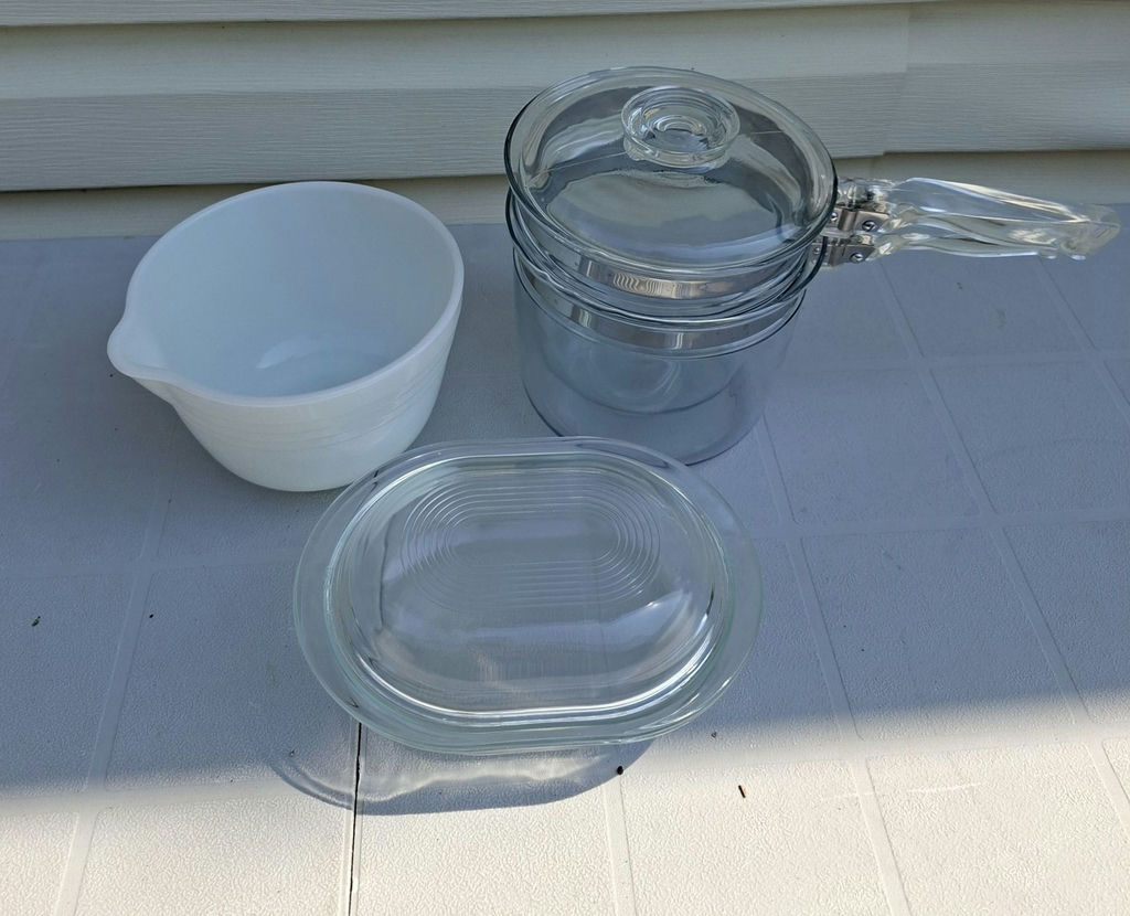 Glass Saucepan, Glass Covered Dish, and White Mixing Bowl - image 1 of 4
