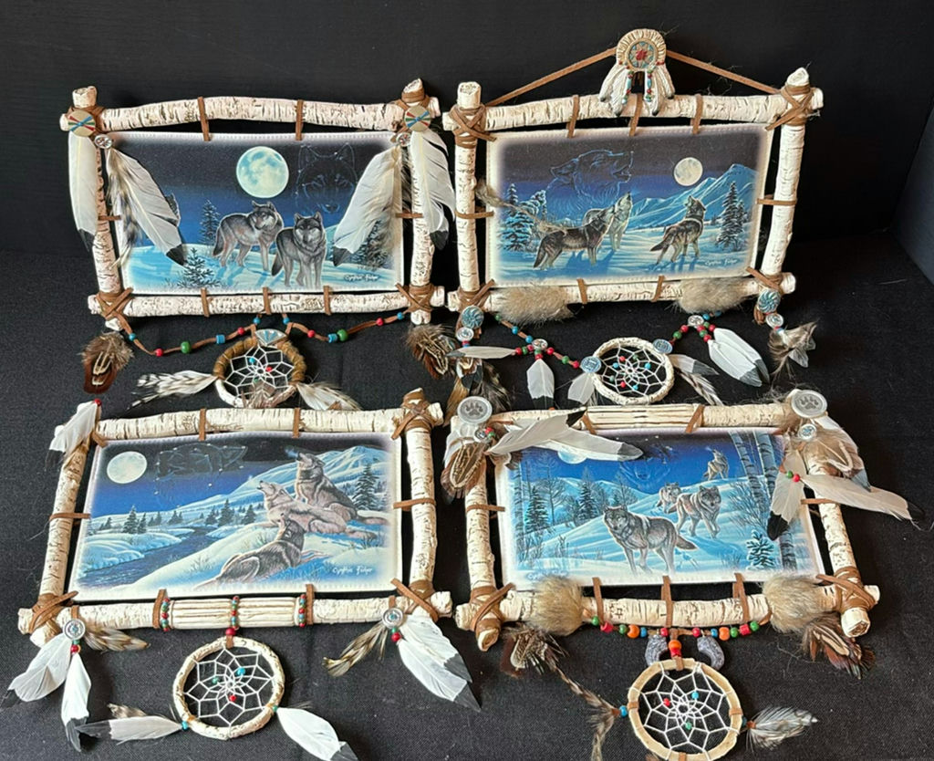 Decorative Native American-inspired skulls, wolf-themed wall art, dreamcatchers, and beaded tomahawk - image 5 of 8