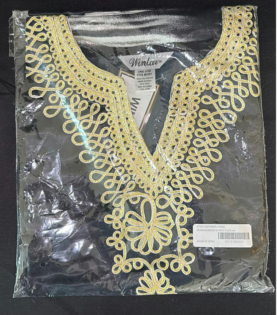Blue packaged garment, embroidered satin caftan, patterned scarf, and woven wall hanging - image 2 of 4