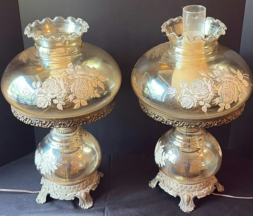 Pair of ornate etched glass lamps - image 1 of 5