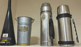 Assorted vintage metal kitchen containers, thermoses, and an oil lamp - thumbnail 1 of 9