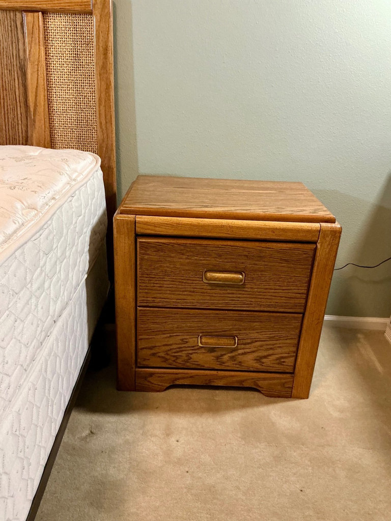 Wooden bed frame with queen mattress and matching nightstand - image 5 of 6