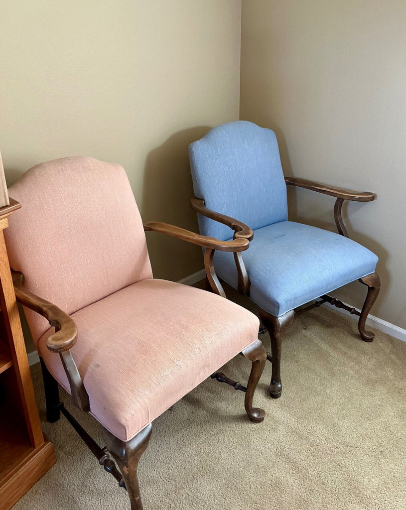 Two vintage upholstered armchairs with carved wood frames - image 1 of 9