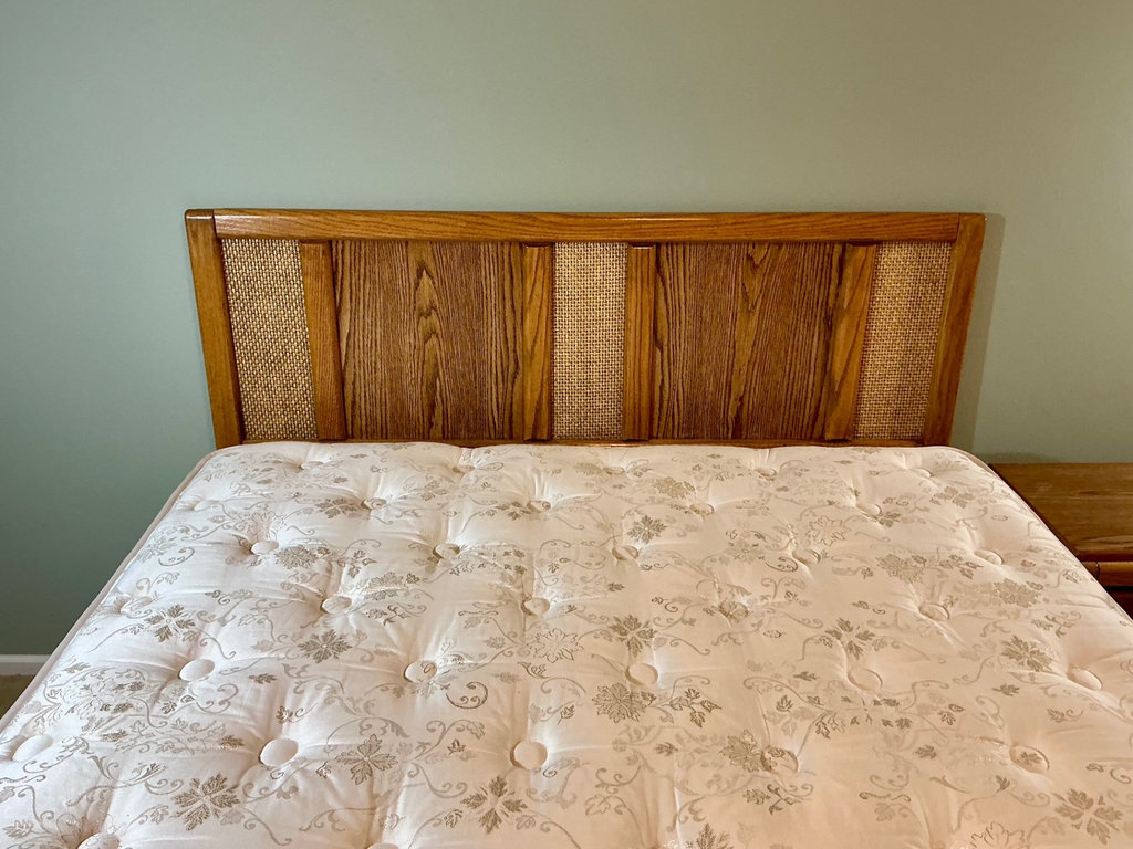 Wooden bed frame with queen mattress and matching nightstand - image 4 of 6
