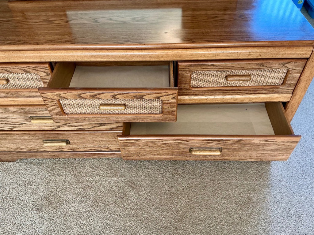 Vanity dresser with attached mirror and caned panels - image 3 of 7