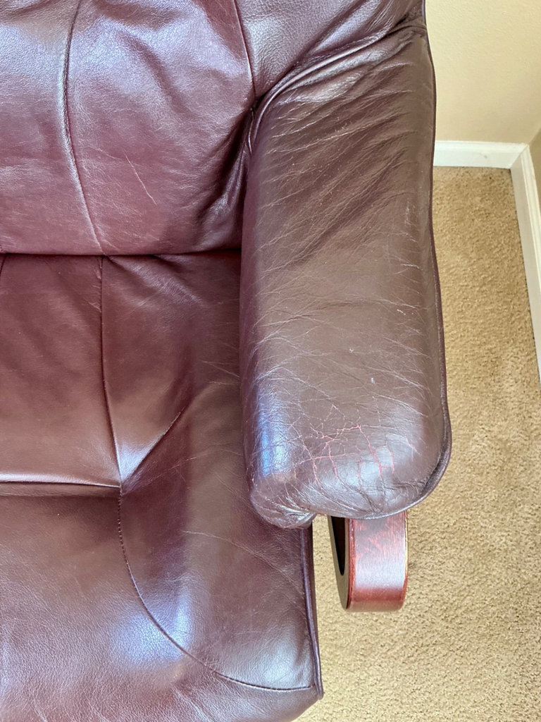 Danish Leather recliner with matching ottoman, As IS - image 6 of 10