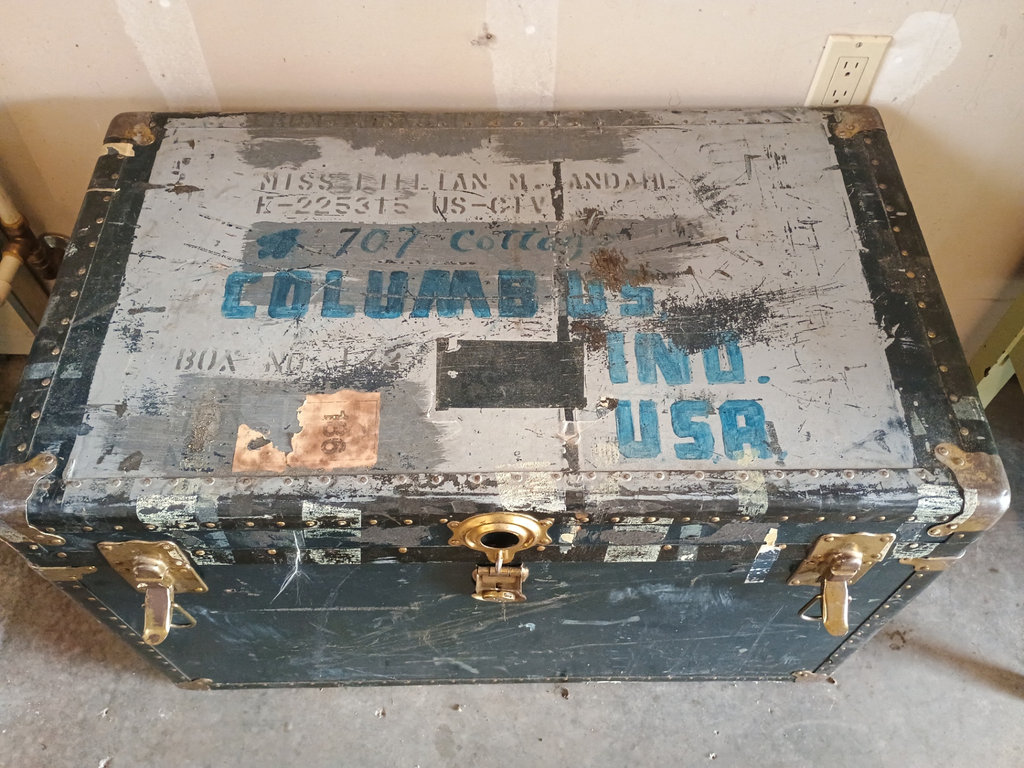 Vintage riveted metal trunk with blue stenciled markings - image 3 of 7