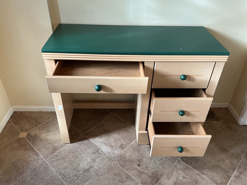 Wood desk with painted green top and multi-drawer storage. - image 2 of 5