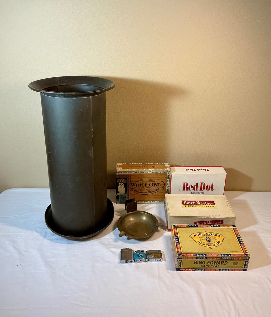 Vintage cigar boxes, lighters, and umbrella stand - image 1 of 10
