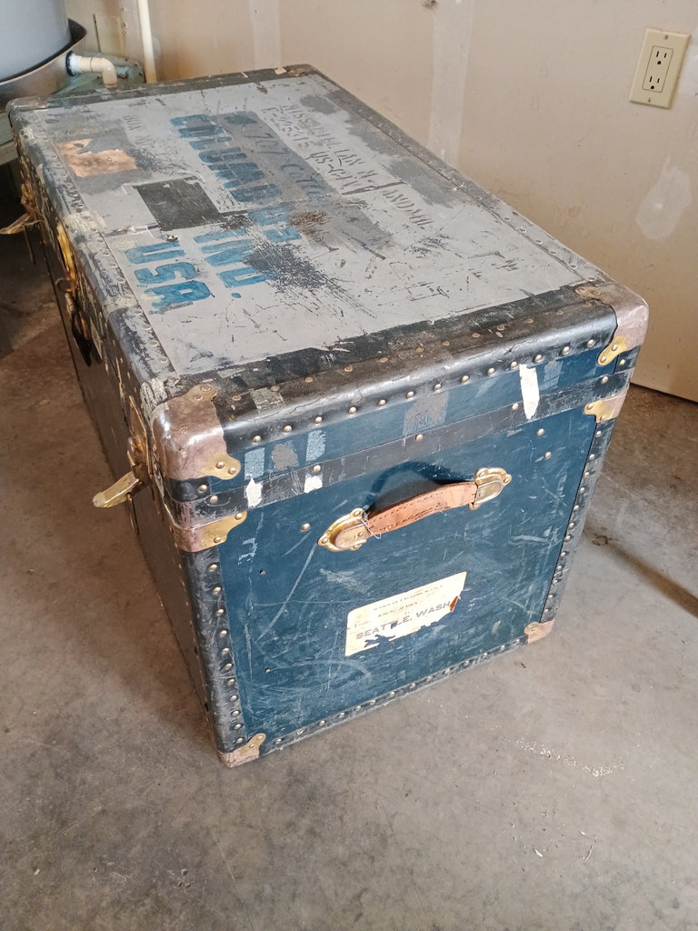 Vintage riveted metal trunk with blue stenciled markings - image 4 of 7