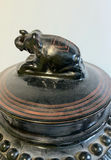 Burmese Black Lacquer pot with carved elephant handle on lid, ceramic Asian stamps - thumbnail 3 of 11