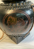 Burmese Black Lacquer pot with carved elephant handle on lid, ceramic Asian stamps - thumbnail 2 of 11