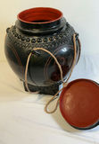 Burmese Black Lacquer pot with carved elephant handle on lid, ceramic Asian stamps - thumbnail 5 of 11
