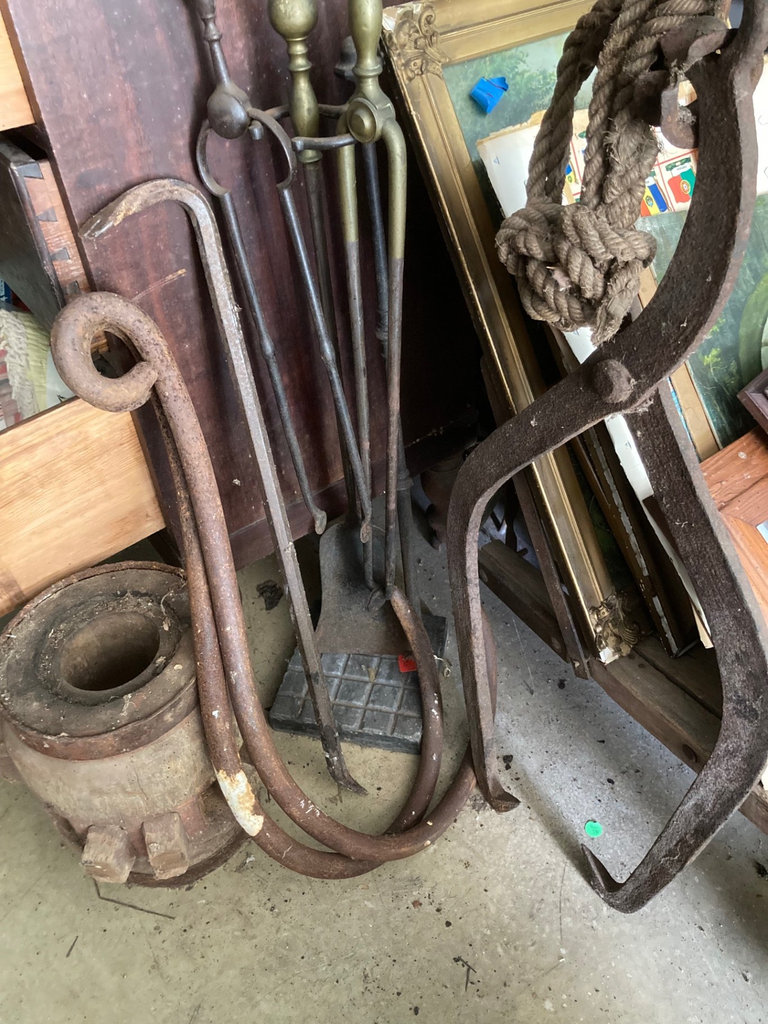 Antique fireplace tools and iron hardware with wooden container - image 1 of 10