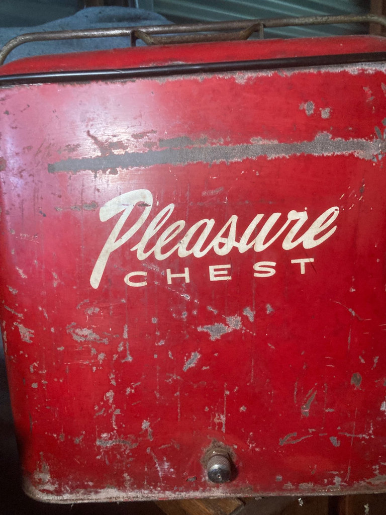 Vintage red Pleasure Chest, plaid umbrella, and floral table cover assortment - image 11 of 13