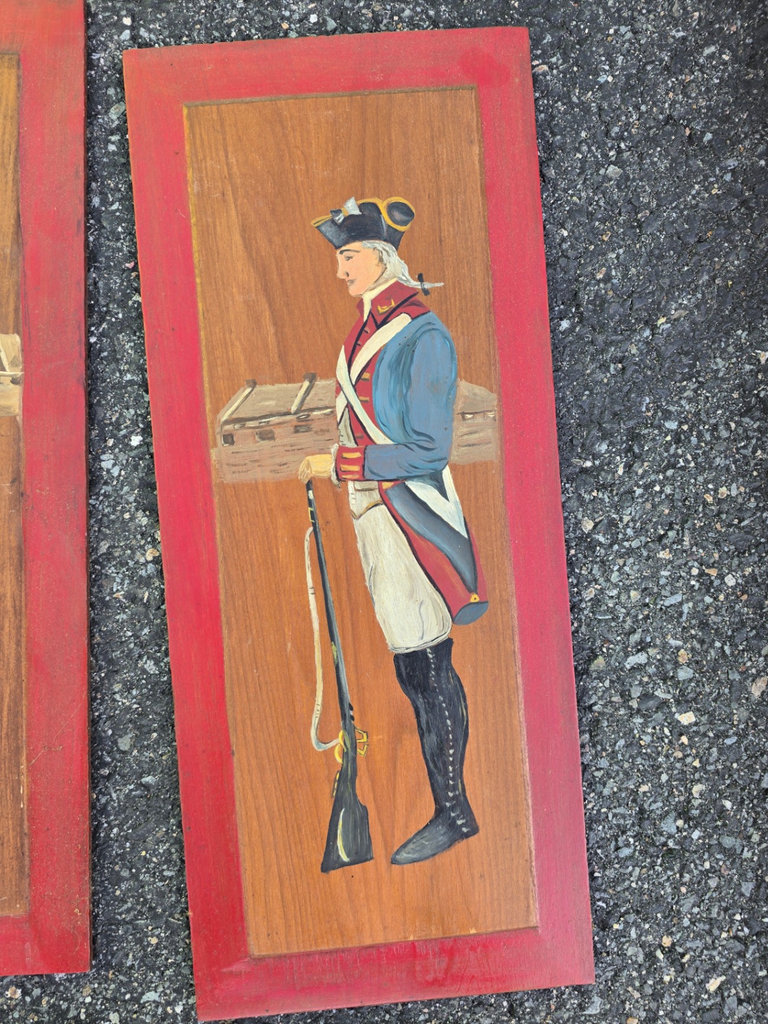 Four wooden panels with 18th‑century soldier illustrations - image 3 of 12