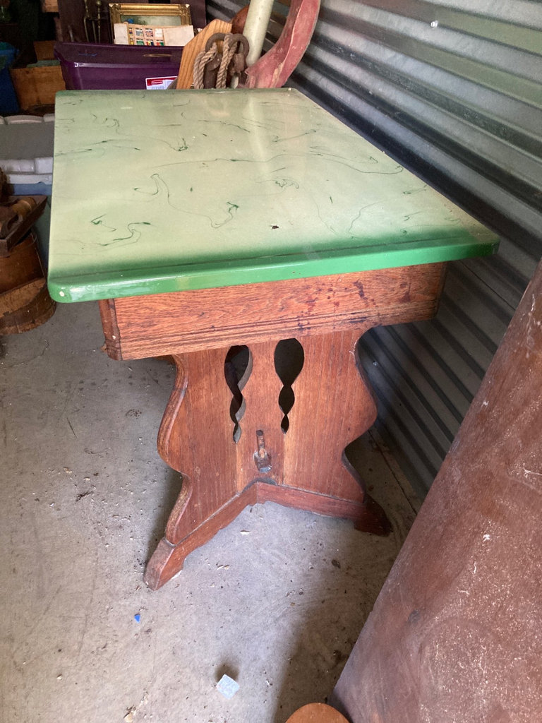 Vintage drop-leaf dining table with green laminated top and carved pedestal base - image 2 of 7