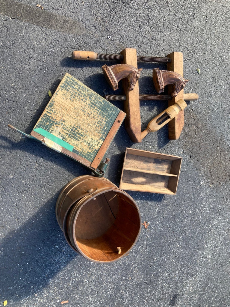 Vintage wooden workshop items and horse-head bookends - image 1 of 13