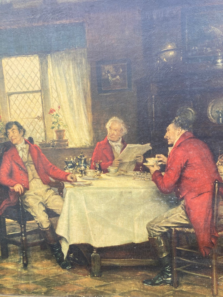 Framed oil painting of three men at a dining table - image 3 of 8