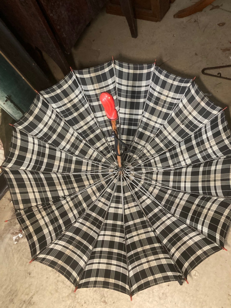 Vintage red Pleasure Chest, plaid umbrella, and floral table cover assortment - image 4 of 13