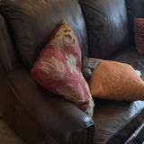 Brown Leather Sofa with Orange and Red Throw Pillows - thumbnail 2 of 3