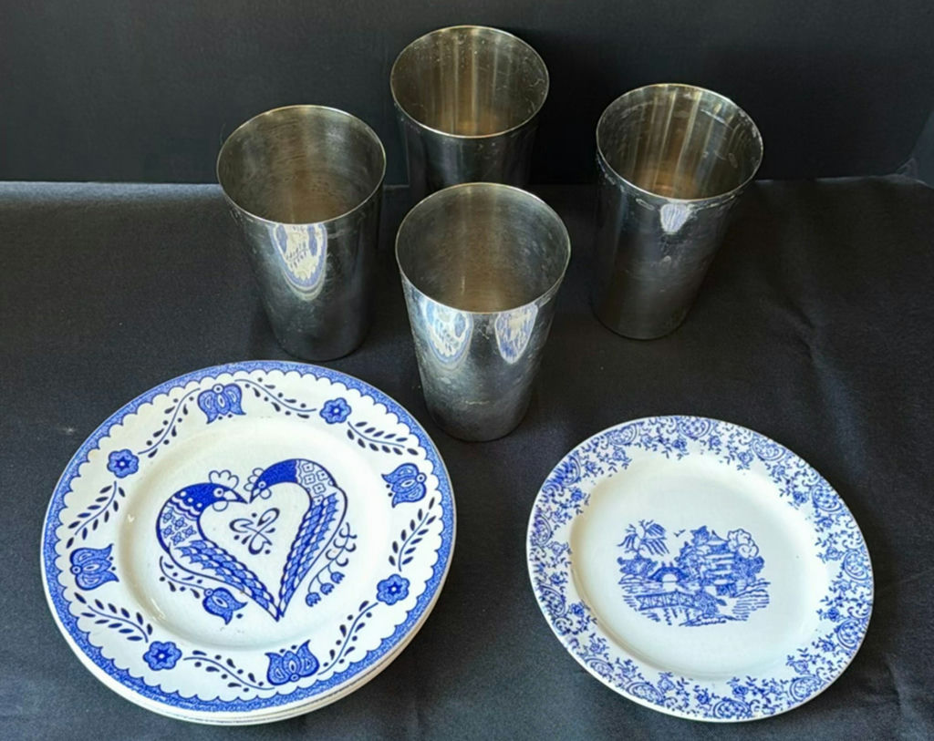 Blue and White Ceramic Plates with Four Metal Tumblers - image 1 of 5
