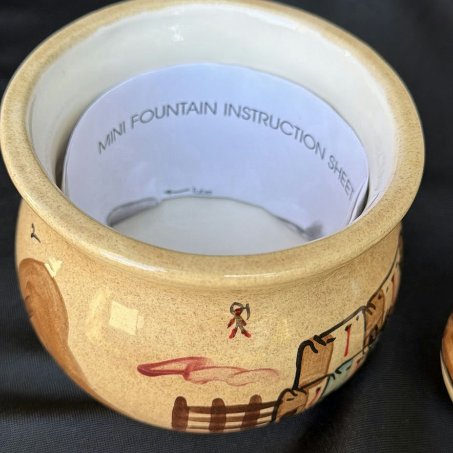 Ceramic lidded jar with hand-painted desert scene and mini fountain instructions - image 2 of 4