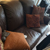 Brown Leather Sofa with Orange and Red Throw Pillows - thumbnail 3 of 3