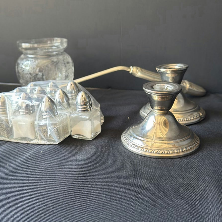 Silver-plated candle holders, glass jar, long-handled scoop, and assorted metalware - image 2 of 3