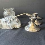 Silver-plated candle holders, glass jar, long-handled scoop, and assorted metalware - thumbnail 2 of 3