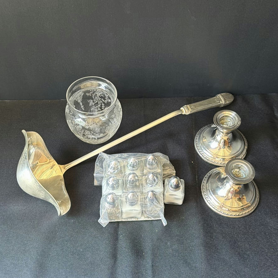 Silver-plated candle holders, glass jar, long-handled scoop, and assorted metalware - image 1 of 3